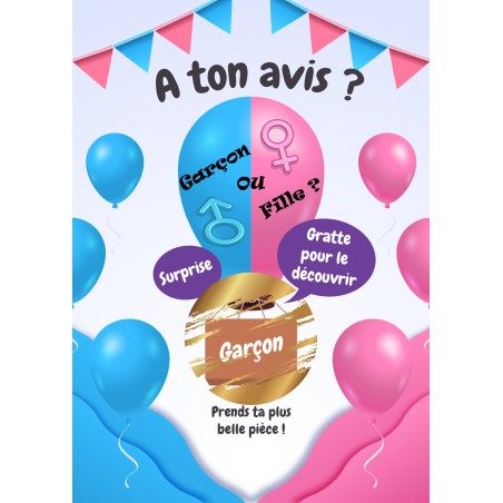 CARTE À GRATTER - RÉVÉLATION DU SEXE DU FUTUR BÉBÉ - GARÇON OU FILLE ? - GENDER REVEAL GIRL OR BOY ? - Modèle ballon